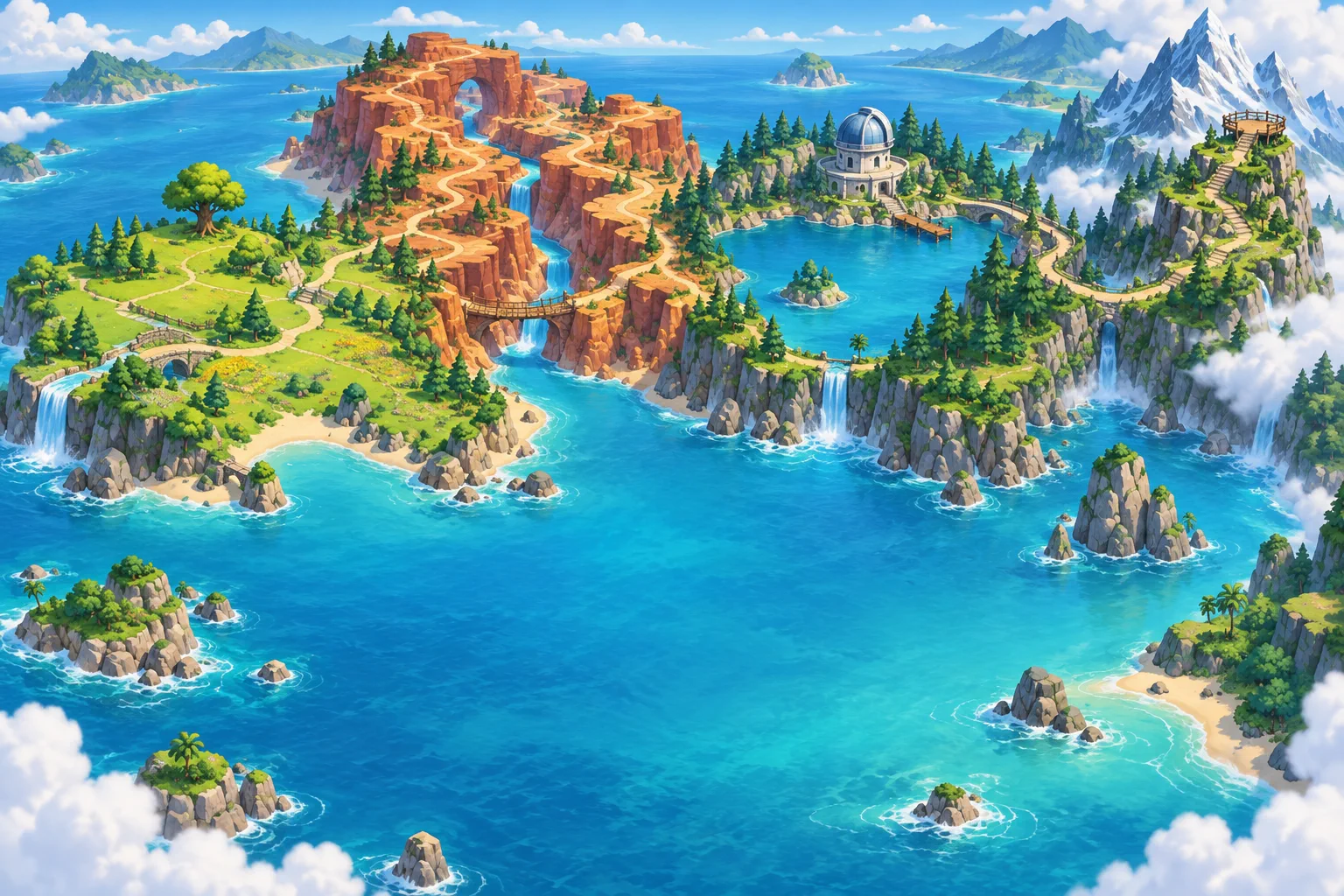 An island world with a meadow, canyon, lake observatory, and mountain lookout.